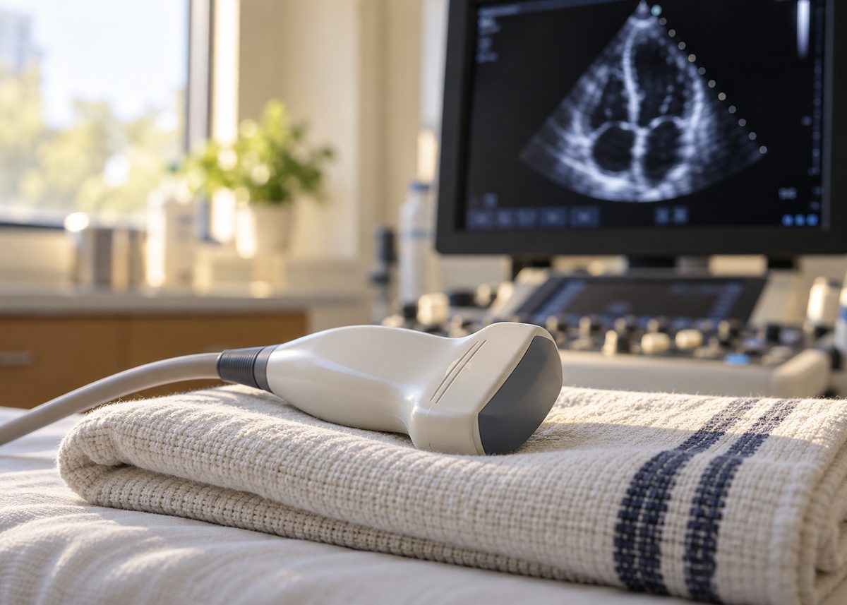An echocardiography probe beside the ultrasound screen